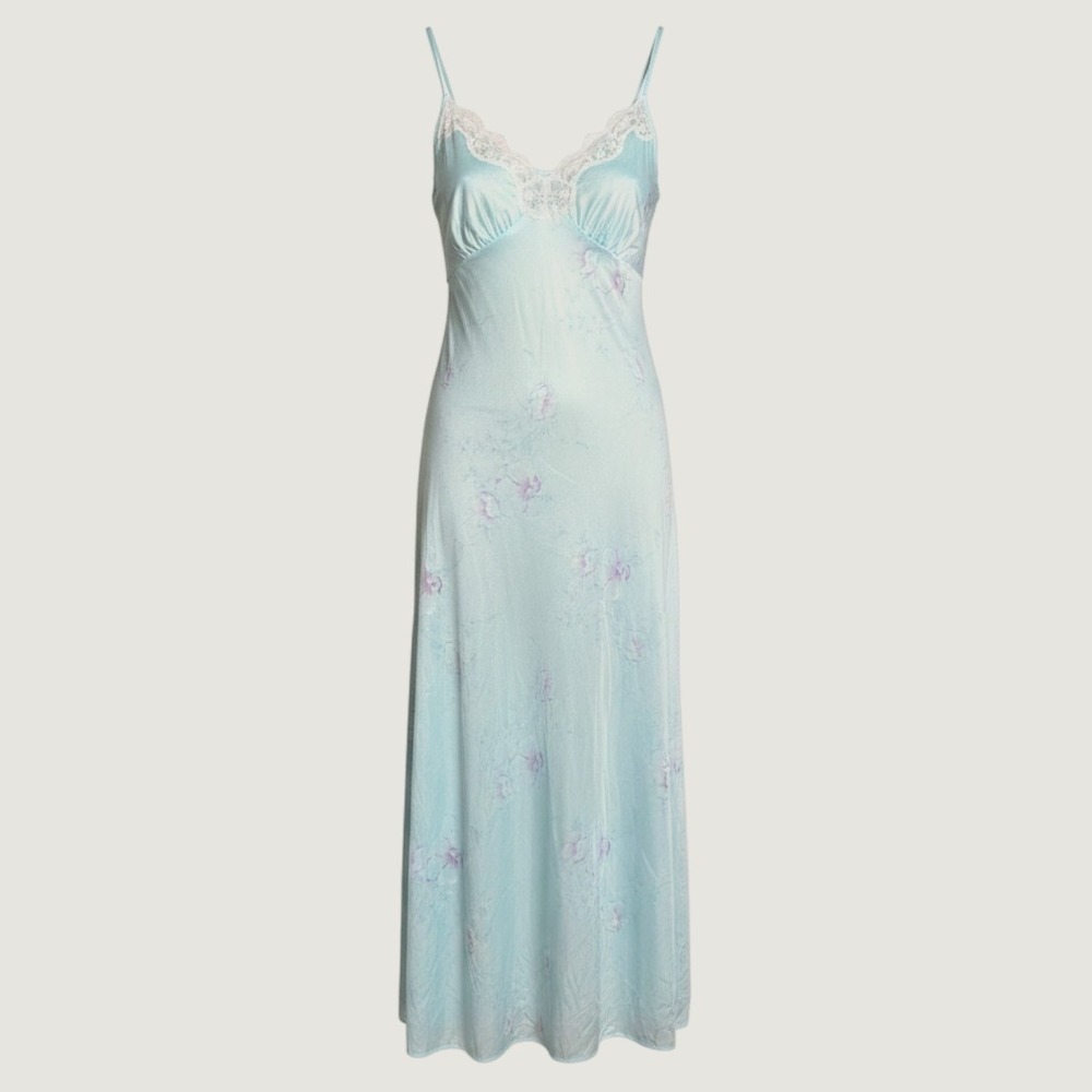 Barad & Co Tom Bezduda Nightgown Womens L Blue Floral Lace EUC Vintage 70s USA